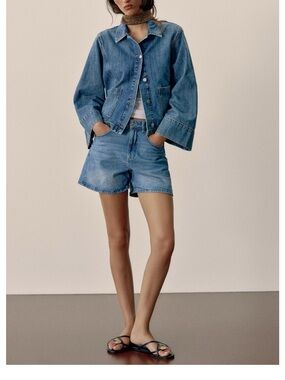 Zara Washed Blue Denim Mid-Rise Jean Shorts
